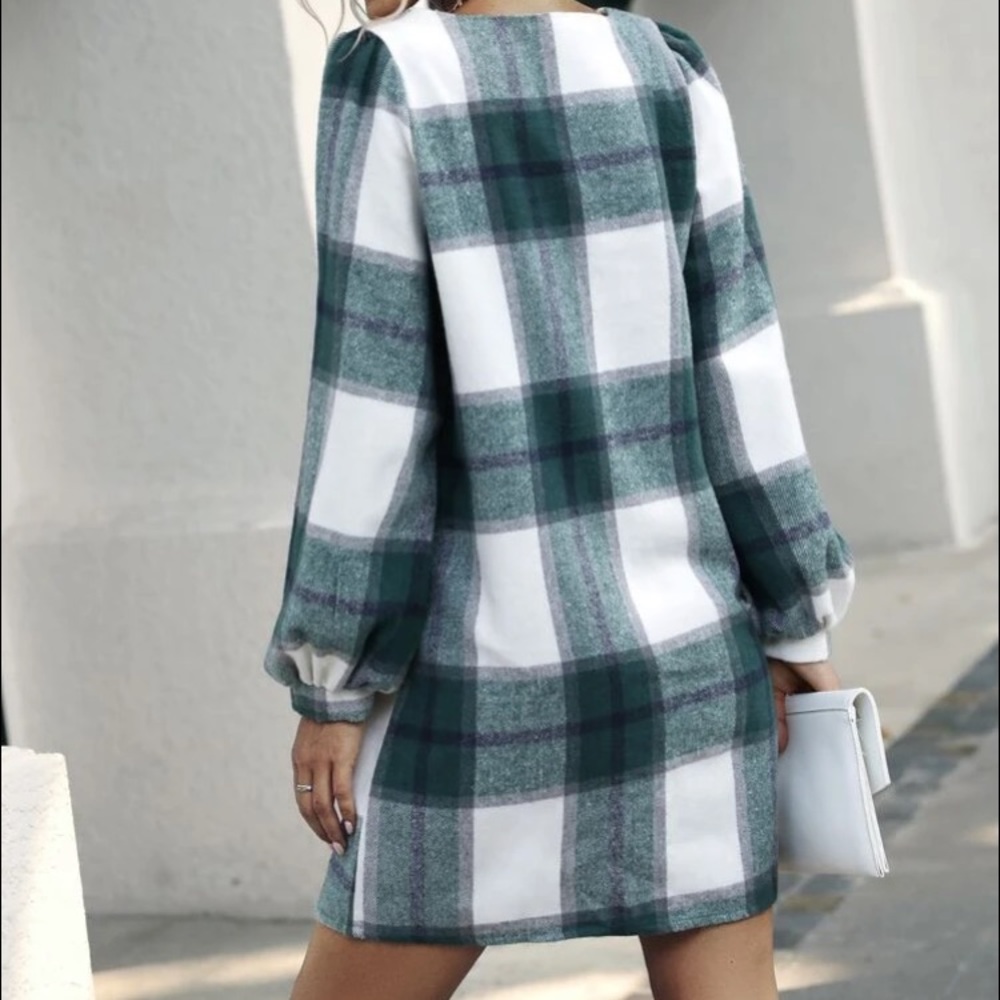 Green/White Plaid Wool Mix Dress in XL - Picture 2 of 4